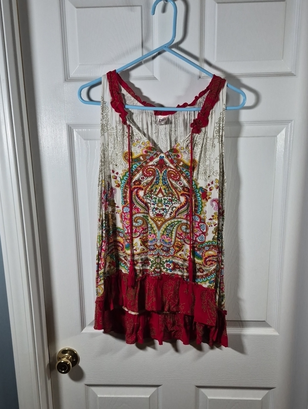 Bila Red and Cream Paisley Ruffle Camisole